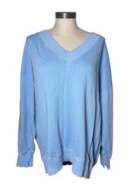 Aerie Blue Oversized V Neck Sweatshirt Medium 100% Cotton Lounge Pullover